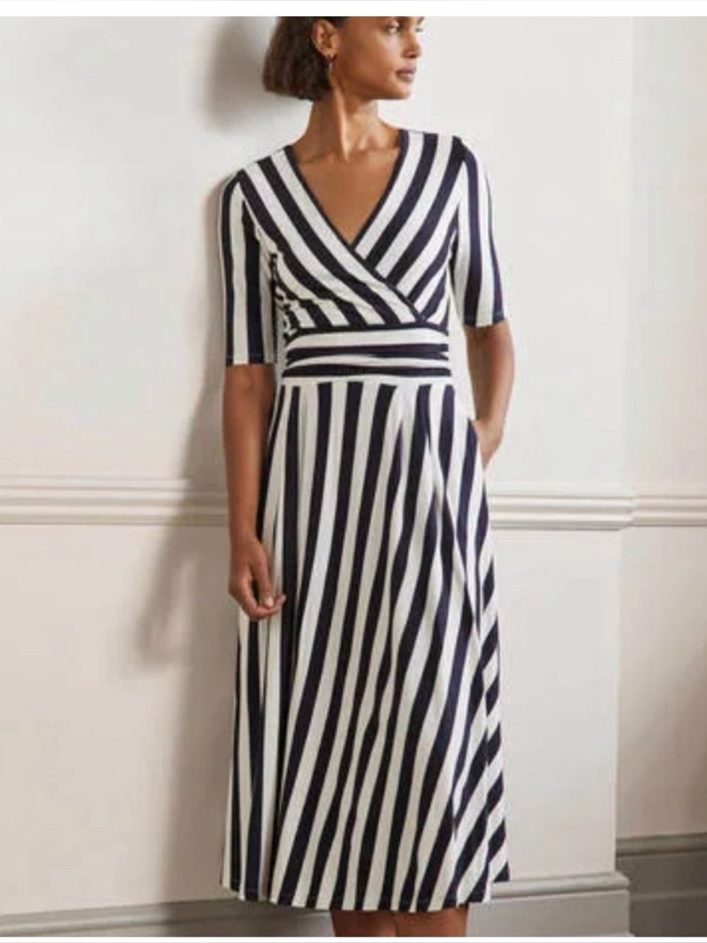 Boden Ruched Waist Jersey Midi Dress Navy and Ivory Stripe size 4P